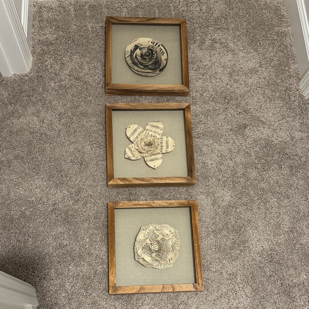 Threshold Neutral Wood-Framed Sheet Music Floral Wall Art Set